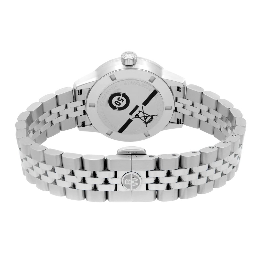 Back View Of Solid Back Case And Closed Stainless Steel Band Of RAYMOND WEIL 5634-ST-80021 Watch Unworn Condition
