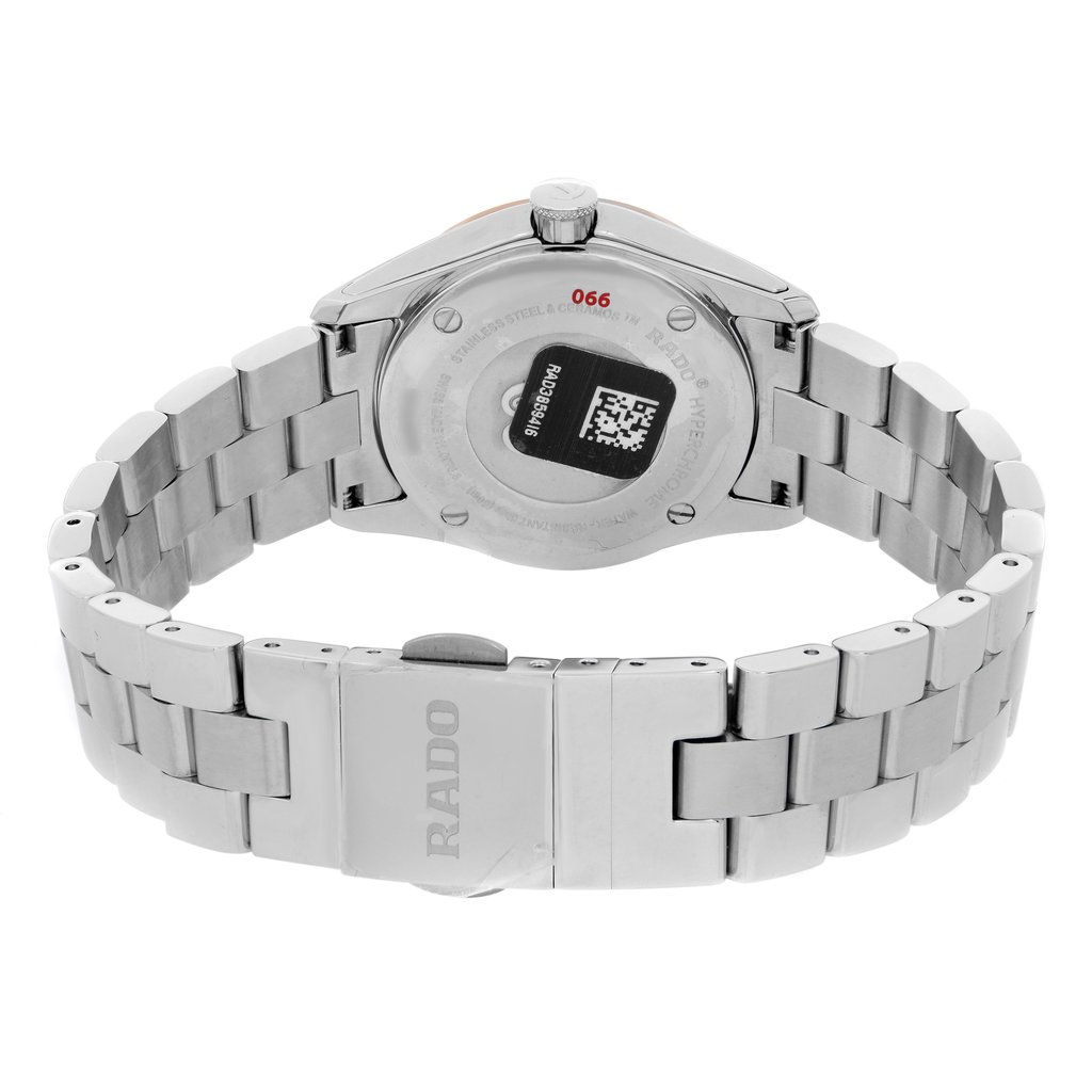 Back View Of Screwback Back Case And Closed Stainless Steel Band Of Rado R32976163 Watch Unworn Condition
