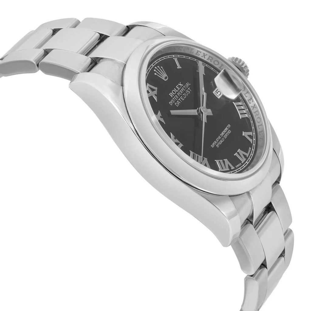 An image of a pre-owned wristwatch viewed from a side profile, opposite the crown. The watch has a metallic band and a dark dial with Roman numerals. The angle highlights the thickness of the watch case and the curvature of the band. The image is taken at a close distance, showcasing the watch's details and craftsmanship.