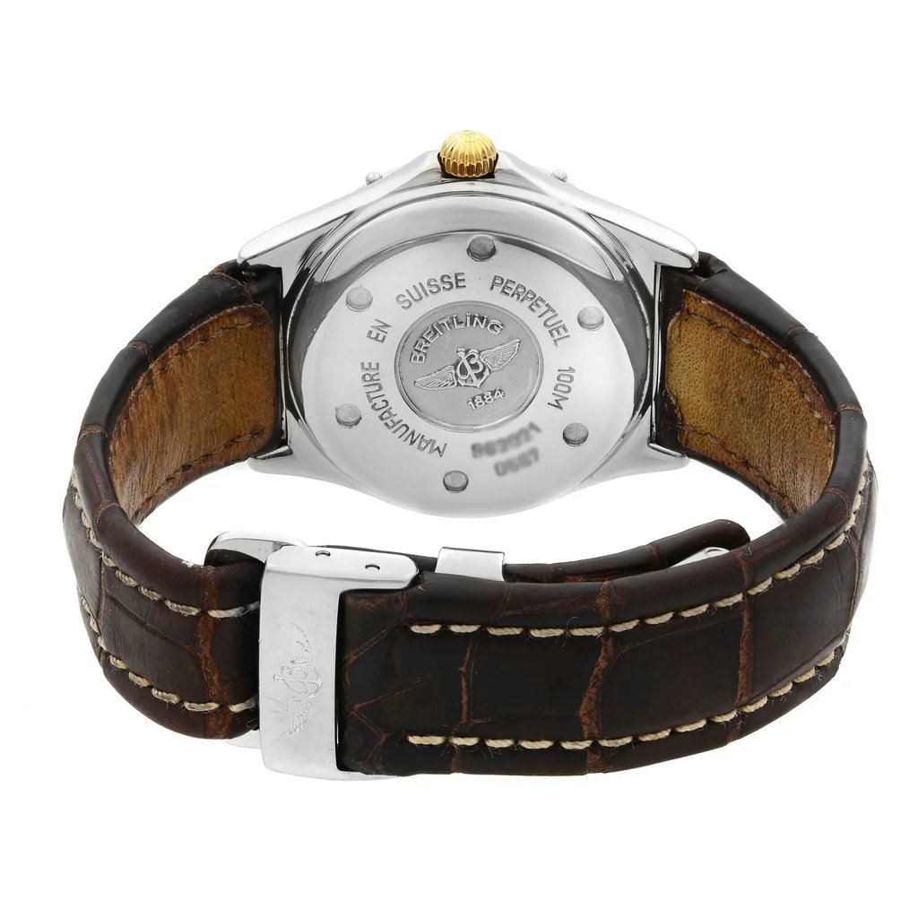 Back View Of {Caseback} Back Case And Closed Leather Band Of Breitling B62021 Watch Pre Owned Condition