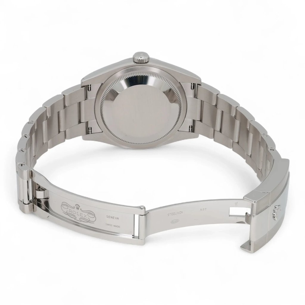 Back View Of Solid Back Case And Open Stainless Steel Band Of Rolex 126200 Watch Unworn Condition