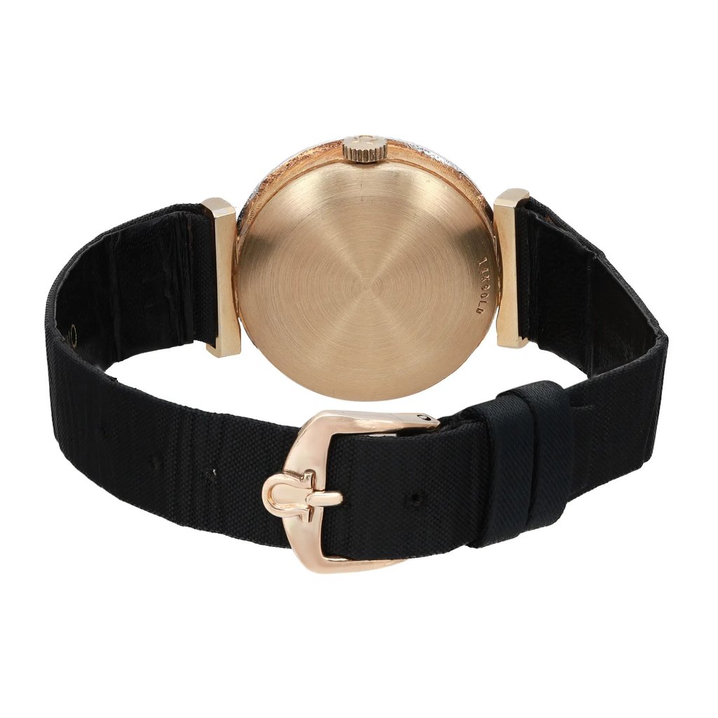 An image of a pre-owned wristwatch viewed from the back, showcasing the closed clasp. The watch features a round, gold-toned case with a smooth finish. The black strap is visible, with the clasp positioned at the bottom center of the frame. The angle is straight-on, and the image is taken at a close distance, highlighting the details of the watch's back and strap.