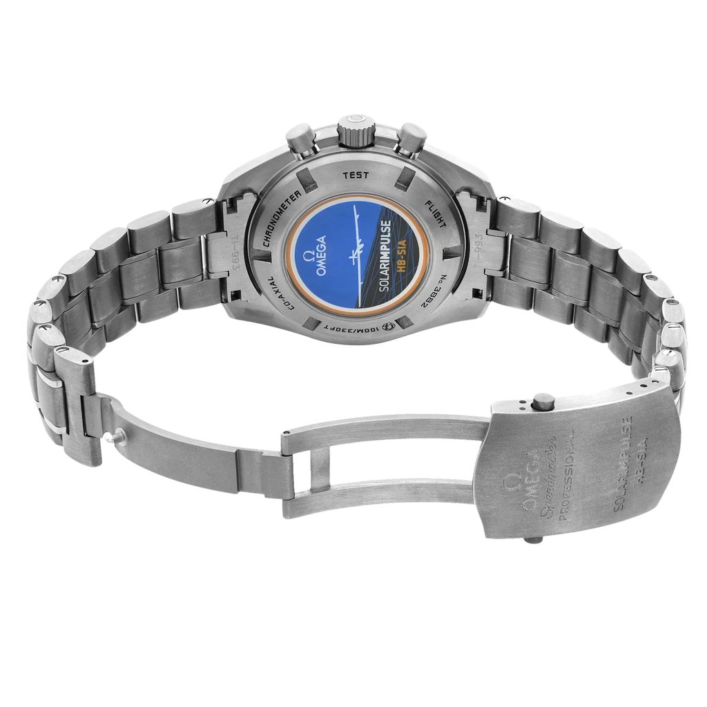 Back View Of Solid Back Case And Open Titanium Band Of OMEGA 321.90.44.52.01.001 Watch New With Defects Condition