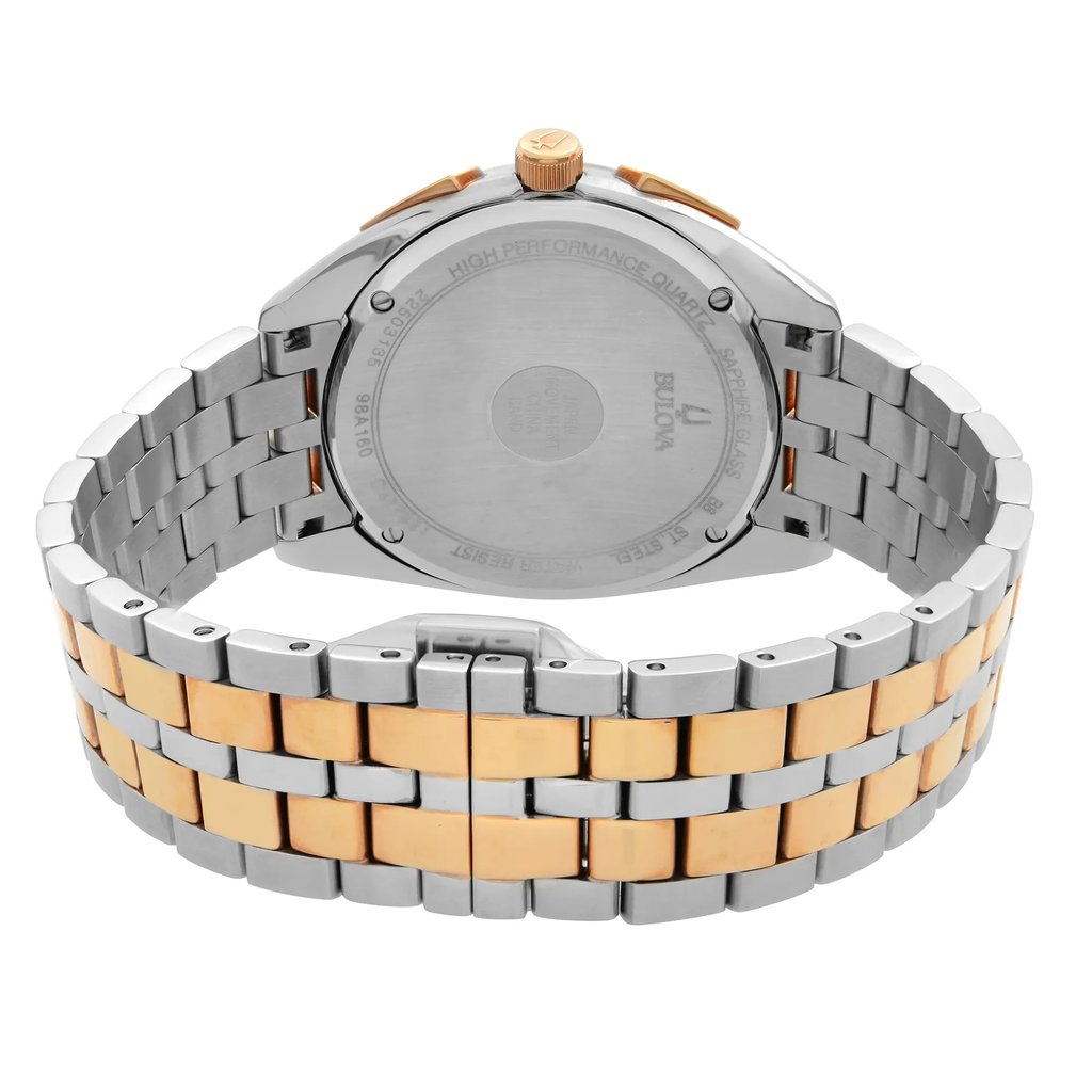 An image of a pre-owned Bulova men's wristwatch, with a stainless steel round case and a screwback caseback, viewed from the back. The timepiece is situated at a straight-on angle, centrally framed, and in close view, showcasing the closed clasp of the stainless steel band with gold-tone accents. The band features a fold-over clasp with double push buttons visible on the sides. The Bulova logo and some text are engraved on the caseback, indicating the brand and watch details.