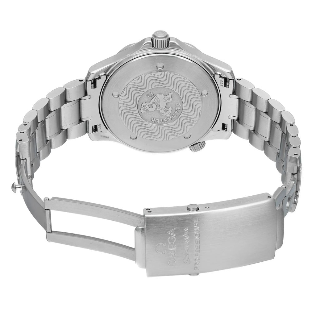 An image of a pre-owned wristwatch taken from the back view, showing the open clasp. The watch is positioned centrally with a slightly elevated angle, allowing a clear view of the engraved back case and stainless steel bracelet. The image is taken from a moderate distance, highlighting the intricate details of the clasp and the design on the case back.
