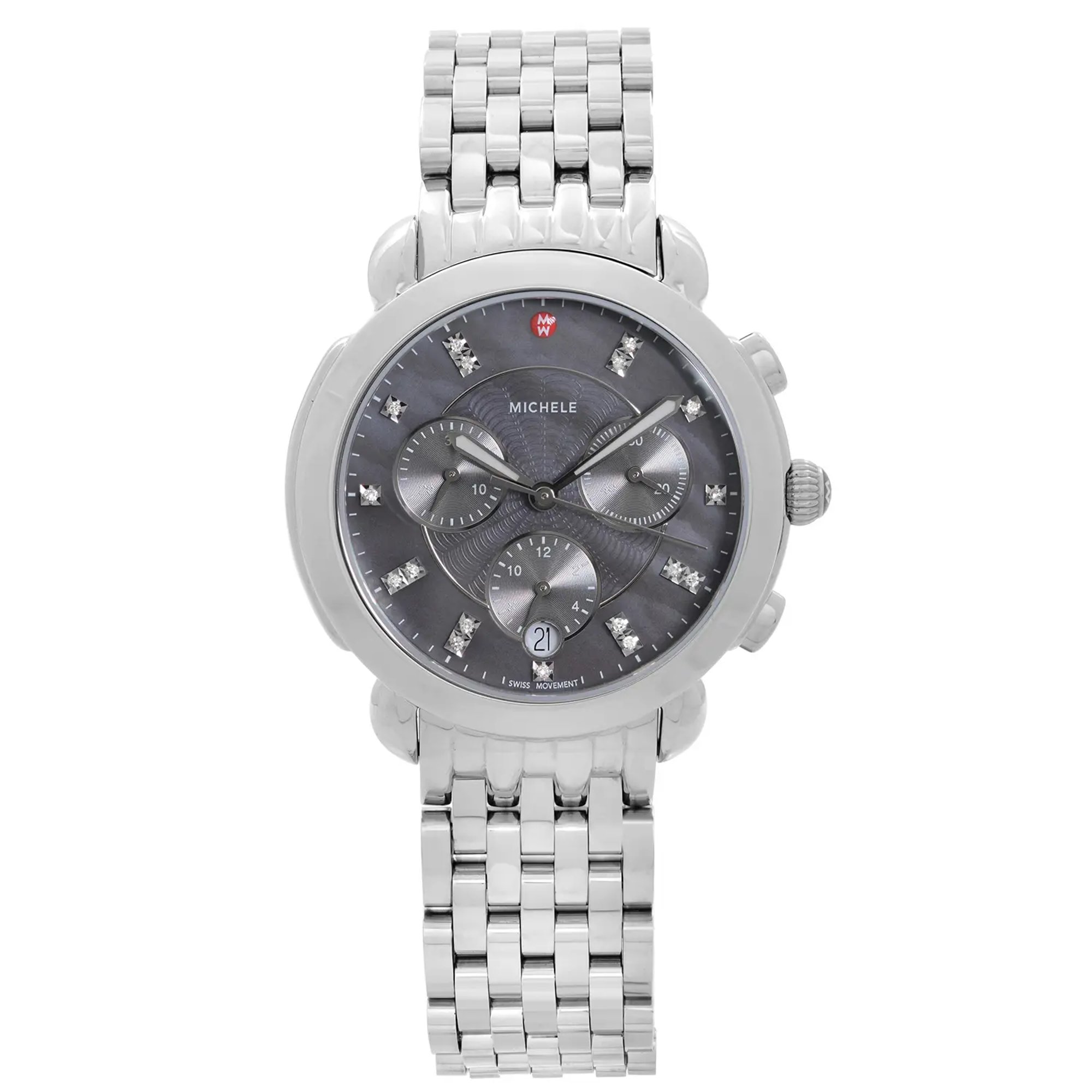 An image of a Wristwatch by MICHELE. This Display Model item is designed for Women, featuring a Dress/Formal style. It has a Quartz movement and an Analog display with a Gray dial color. The indices include 12-Hour Dial,Diamond Markers,Non-Numeric Hour Marks. The band is made of Stainless Steel and the case is made of Stainless Steel. The watch has a Round shape with a case size of 36 mm and a case thickness of 11 mm.