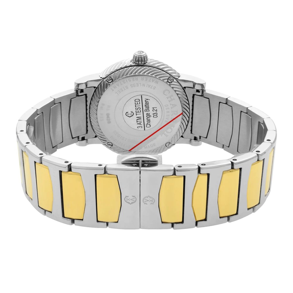 An image of a pre-owned wristwatch viewed from the back, showcasing the close clasp. The watch features a metal band with a two-tone design, incorporating silver and gold elements. The angle is slightly elevated and centered, capturing details of the clasp and the back of the watch case, including engraved information. The image is taken at a close distance for clarity.