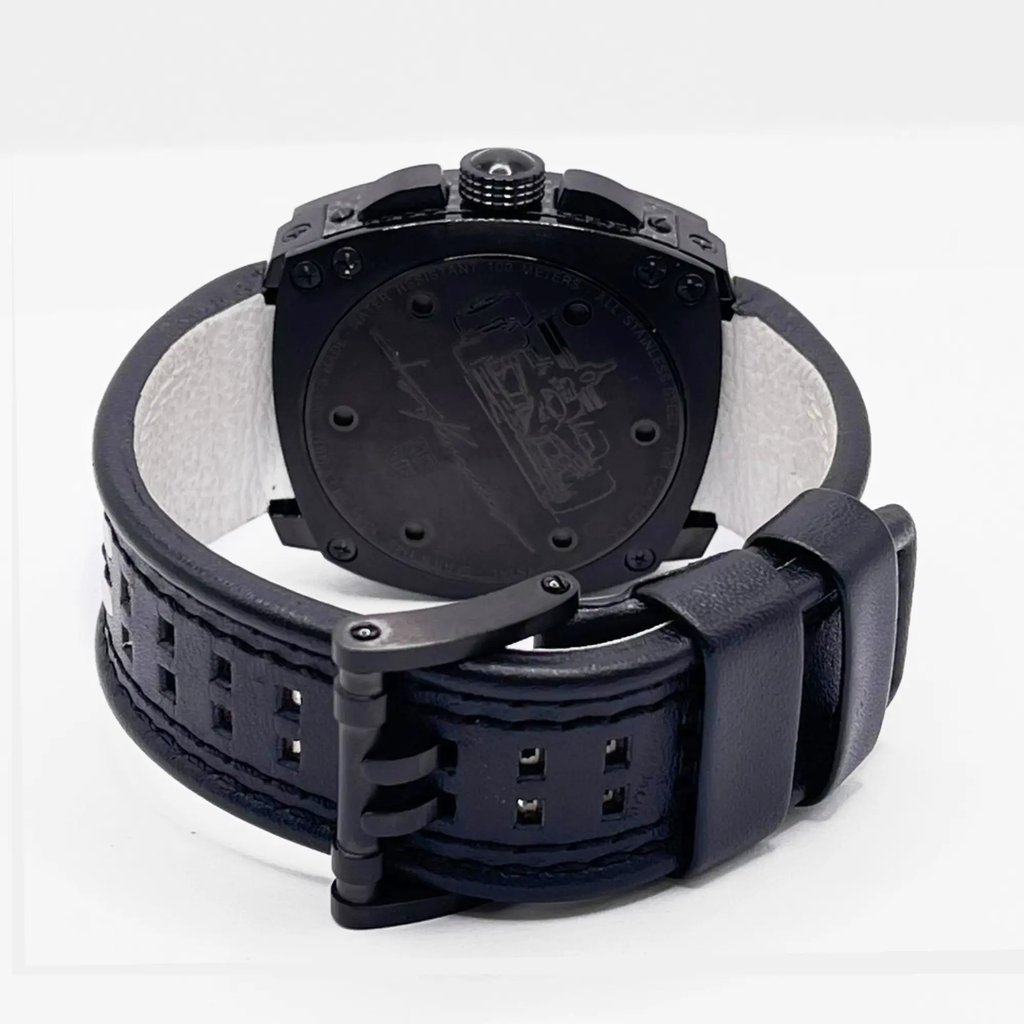 An image of a Wristwatch by Luminox. This New item is designed for Men, featuring a Sport style. It has a Quartz movement and an Analog display with a Black dial color. The indices include 12-Hour Dial,Arabic Numerals,Multi Dial,Square Indexes. The band is made of Leather and the case is made of Stainless Steel. The watch has a Asymmetrical shape with a case size of 45 mm and a case thickness of 16 mm.