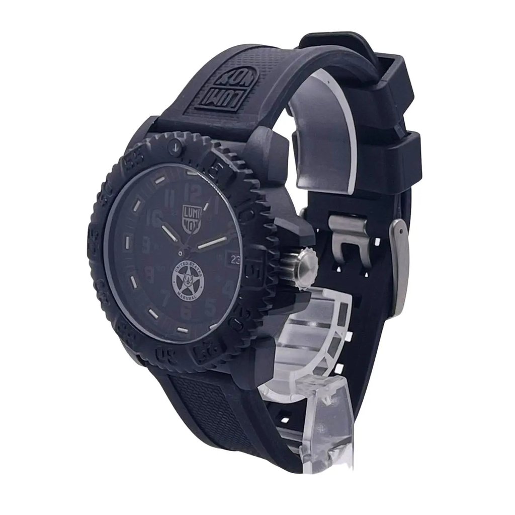 View Of Crown Facing Side Of Luminox XS.3051.BO.USM.1 Carbon Watch Display Model Condition