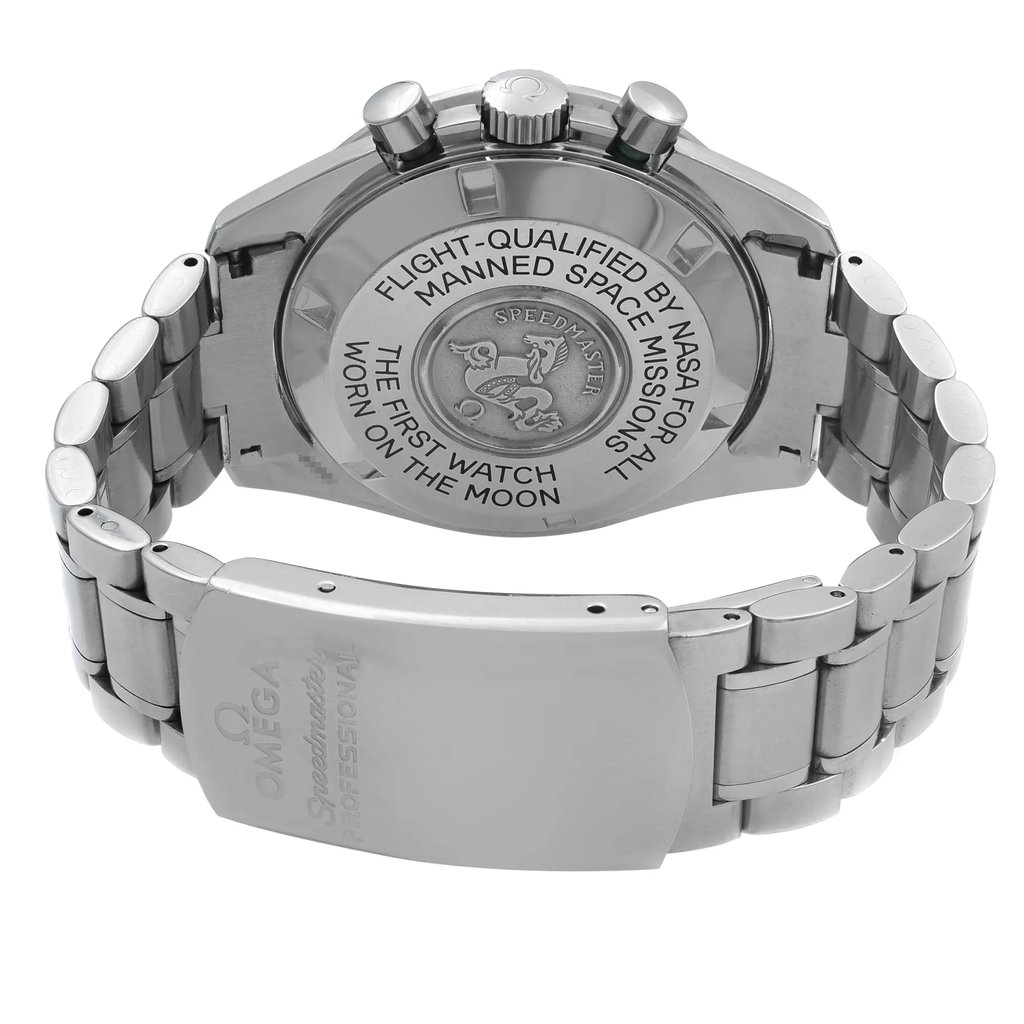 Back View Of Solid Back Case And Closed Stainless Steel Band Of OMEGA 3590.50.00 Watch Pre Owned Condition