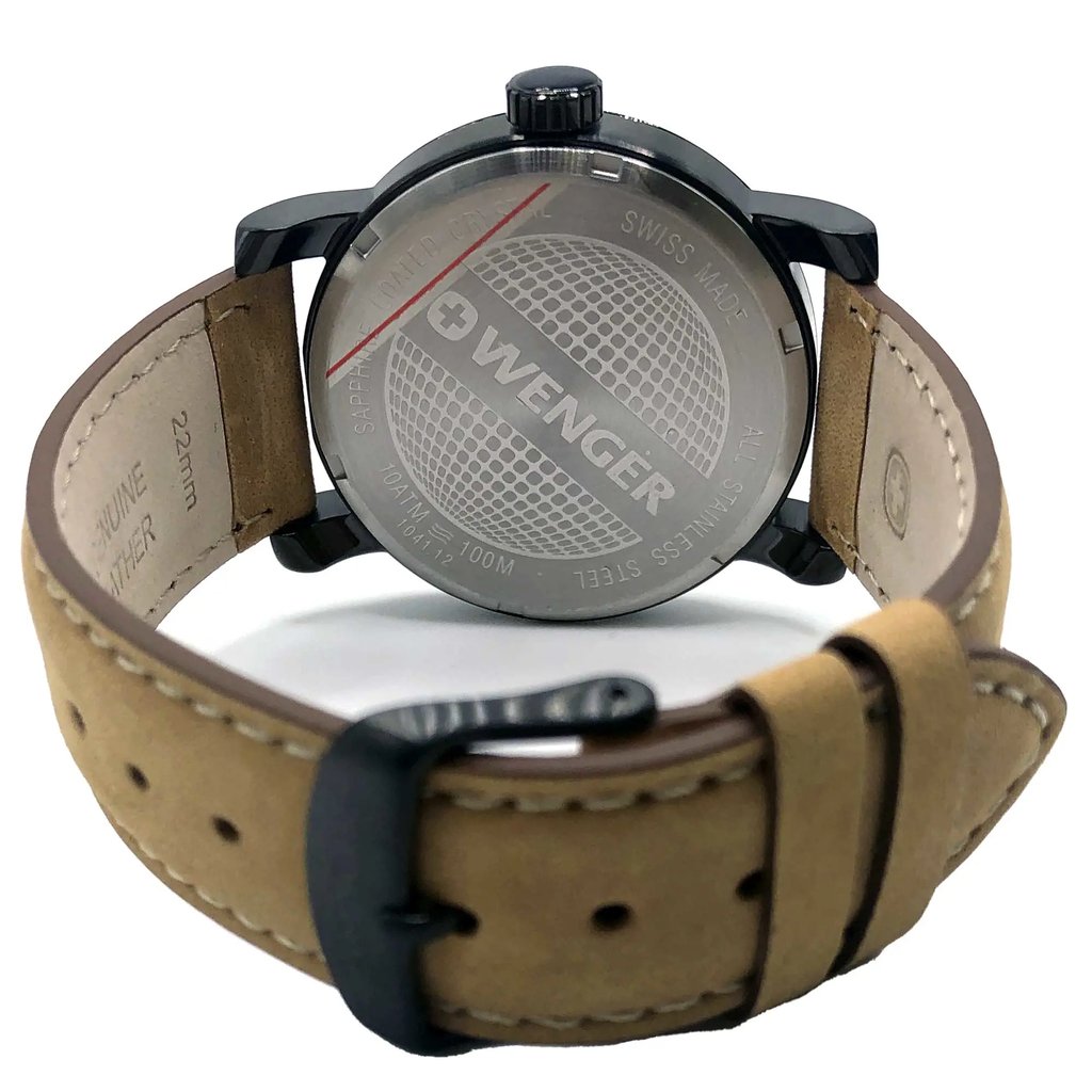 Back View Of Screwback Back Case And Closed Leather Band Of Wenger 01.1041.129 Watch Display Model Condition