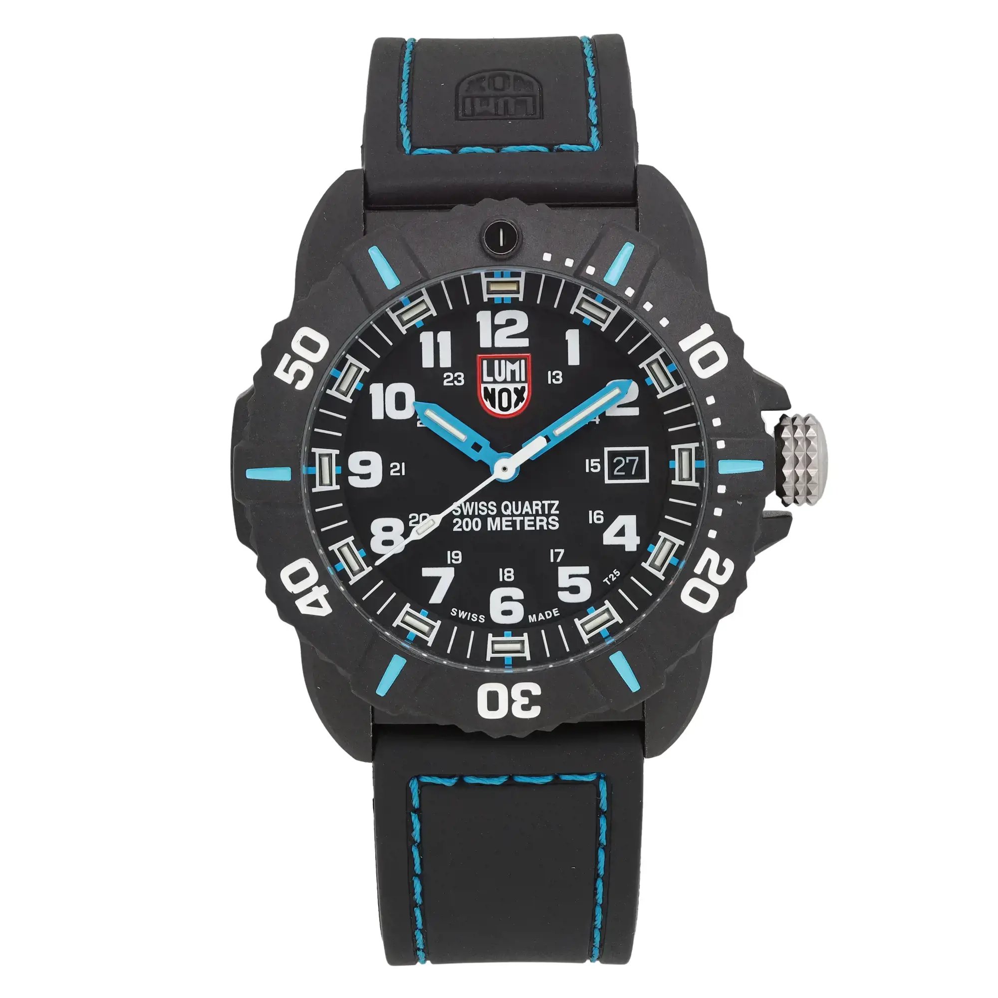 An image of a Wristwatch by Luminox. This Pre Owned item is designed for Men, featuring a Diver,Military style. It has a Quartz movement and an Analog display with a Black dial color. The indices include 12-Hour Dial,Arabic Numerals,Easy to Read/Large Numerals. The band is made of Rubber and the case is made of Carbon. The watch has a Round shape with a case size of 44 mm and a case thickness of 15 mm.