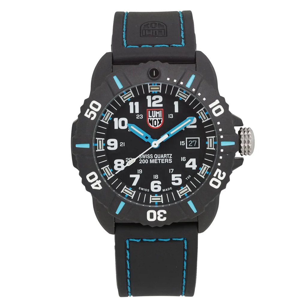 An image of a Wristwatch by Luminox. This Pre Owned item is designed for Men, featuring a Diver,Military style. It has a Quartz movement and an Analog display with a Black dial color. The indices include 12-Hour Dial,Arabic Numerals,Easy to Read/Large Numerals. The band is made of Rubber and the case is made of Carbon. The watch has a Round shape with a case size of 44 mm and a case thickness of 15 mm.