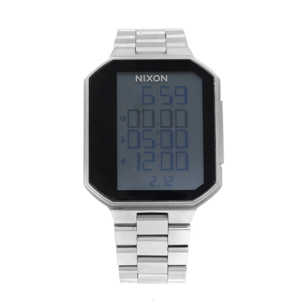 An image of a Wristwatch by Nixon. This Display Model item is designed for Men, featuring a Sport style. It has a Quartz movement and an Digital display with a Black dial color. The indices include Unspecified. The band is made of Stainless Steel and the case is made of Stainless Steel. The watch has a Rectangle shape with a case size of 40 mm and a case thickness of 12 mm.