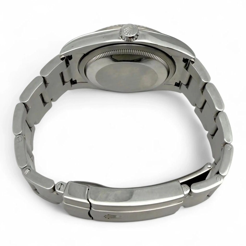 Back View Of Screwback Back Case And Closed Stainless Steel Band Of Rolex 116034 Watch Pre Owned Condition