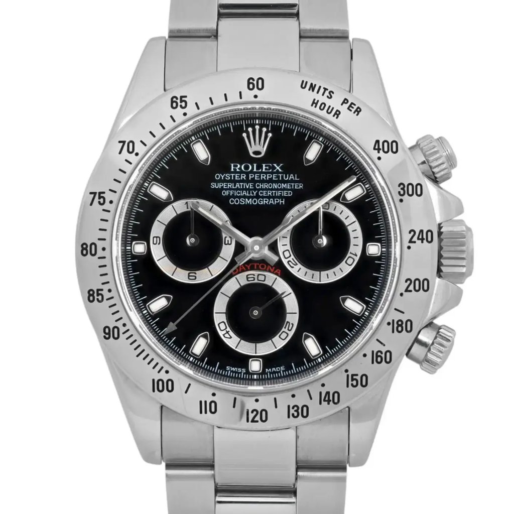 Up Close Front Facing Picture Of Rolex 116520 Stainless Steel Watch Pre Owned Condition