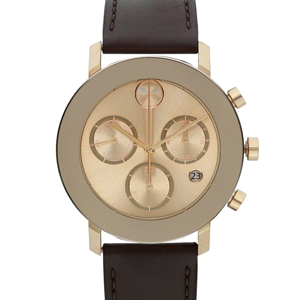An image of a pre-owned wristwatch taken from a front close-up angle, showcasing the watch face. The timepiece features a gold-tone dial with three subdials and a date window at the 4 o'clock position. The watch has a dark brown leather strap and a polished metal case with buttons on the side.