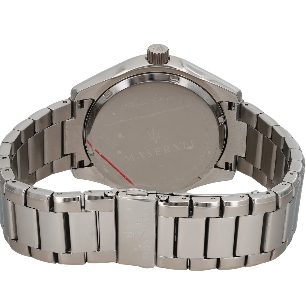 An image of a Wristwatch by Maserati. This Display Model item is designed for Men, featuring a Dress/Formal style. It has a Quartz movement and an Analog display with a White dial color. The indices include 12-Hour Dial,Arabic Numerals,Stick Indexes. The band is made of Stainless Steel and the case is made of Stainless Steel. The watch has a Round shape with a case size of 45 mm and a case thickness of 12 mm.