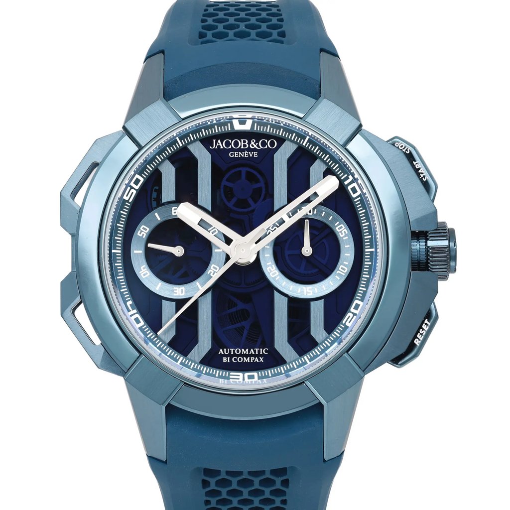 An image of a pre-owned wristwatch viewed from the front at a close-up angle, showcasing the detailed watch face. The watch features a blue color scheme with visible dials and mechanical elements. The brand name "Jacob & Co Genève" is prominently displayed below the 12 o'clock position. The watch has a blue strap and a robust design with distinct edges.