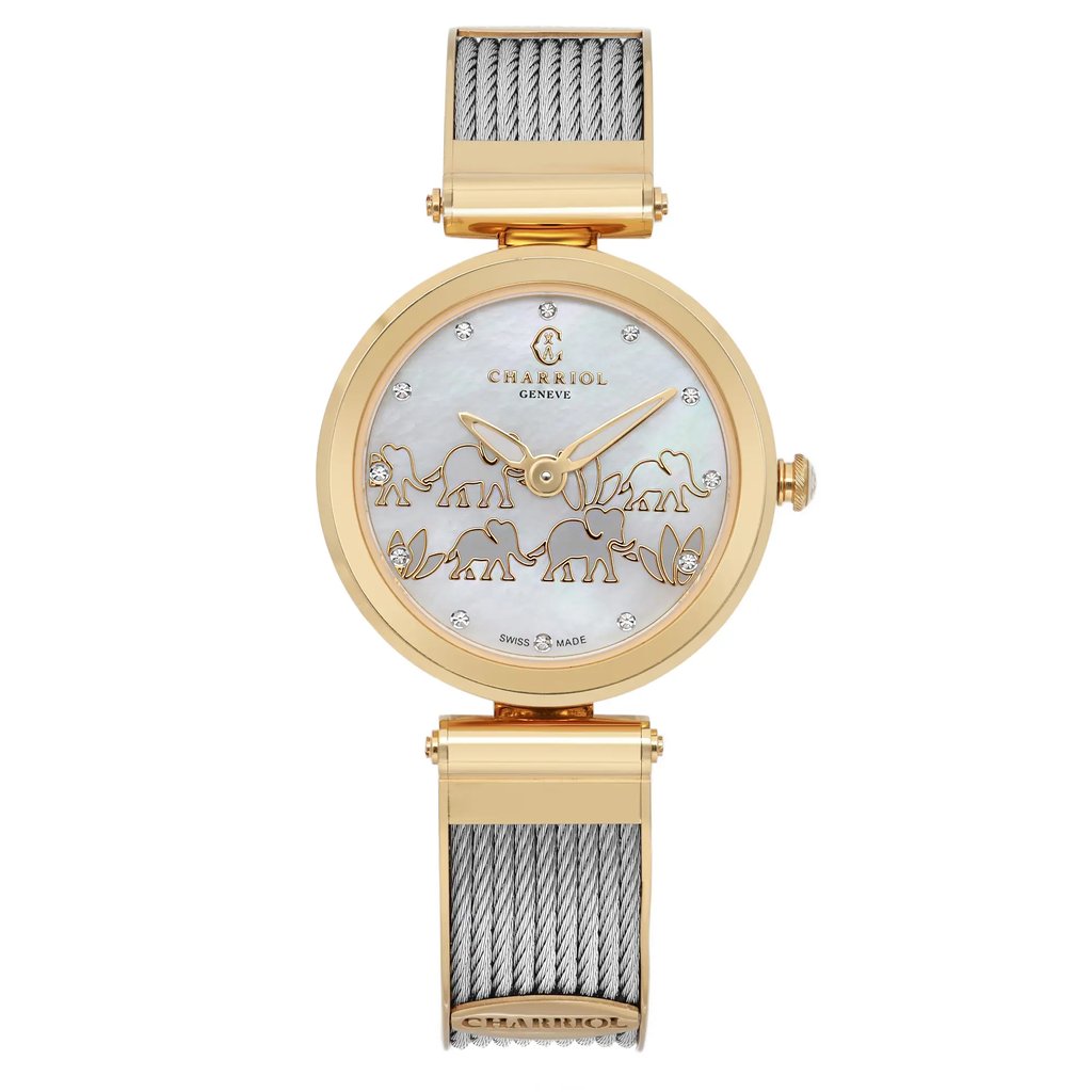 An image of a pre-owned Charriol  Forever Elephant 32MM Gold Steel MOP Dial Quartz woman's wristwatch, captured from a front-facing angle showing the full face and strap. The watch features a gold-tone case and a mother-of-pearl dial with intricate designs of elephants. It has luminous hands and is adorned with small crystal markers. The strap is a combination of gold-tone and silver cable design. The photo is taken at a close distance to highlight the details of the watch.