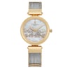 An image of a pre-owned Charriol  Forever Elephant 32MM Gold Steel MOP Dial Quartz woman's wristwatch, captured from a front-facing angle showing the full face and strap. The watch features a gold-tone case and a mother-of-pearl dial with intricate designs of elephants. It has luminous hands and is adorned with small crystal markers. The strap is a combination of gold-tone and silver cable design. The photo is taken at a close distance to highlight the details of the watch.