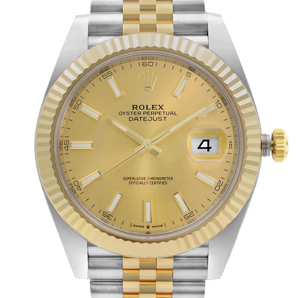 An image of a pre-owned Rolex Oyster Perpetual Datejust men's wristwatch, presented in a front close-up view highlighting the watch face at a straight-on angle. The watch features a luxurious round champagne dial encased in stainless steel, with a gold bezel and a stainless and solid gold band. The dial includes 12-hour indices, a seconds hand, and luminous hands, with a date indicator displayed at the 3 o'clock position. The condition is excellent, with minor signs of wear or scratches visible upon close inspection. The Rolex logo and the text "Superlative Chronometer Officially Certified" are discernible on the dial.