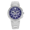 An image of a Wristwatch by Versace. This Display Model item is designed for Men, featuring a Sport style. It has a Quartz movement and an Analog display with a Blue dial color. The indices include 12-Hour Dial,Multi Dial,Non-Numeric Hour Marks. The band is made of Stainless Steel and the case is made of Stainless Steel. The watch has a Round shape with a case size of 46 mm and a case thickness of 11 mm.