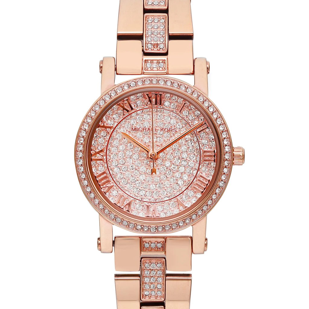 An image of a Wristwatch by Michael Kors. This Display Model item is designed for Women, featuring a Dress/Formal style. It has a Quartz movement and an Analog display with a Rose dial color. The indices include Roman Numerals. The band is made of Stainless Steel and the case is made of Stainless Steel. The watch has a Round shape with a case size of 28 mm and a case thickness of 9 mm.