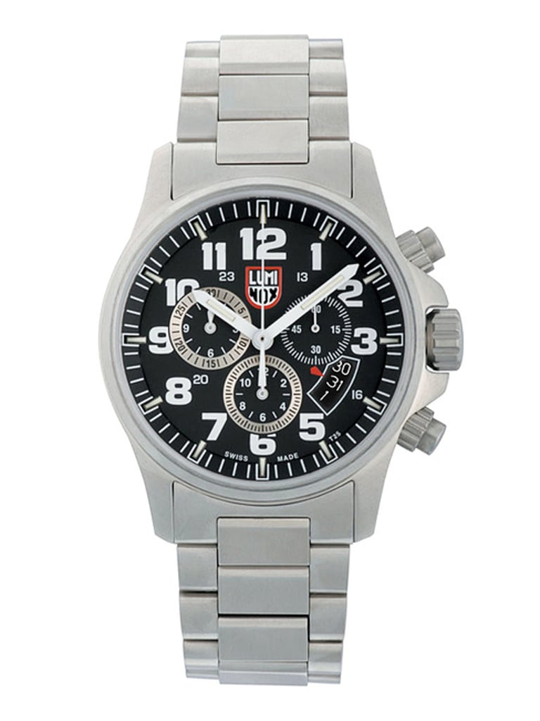 An image of a Wristwatch by Luminox. This Pre Owned item is designed for Men, featuring a Dress/Formal style. It has a Quartz movement and an Analog display with a Black dial color. The indices include 12-Hour Dial,Arabic Numerals,Easy to Read/Large Numerals,Multi Dial. The band is made of Stainless Steel and the case is made of Stainless Steel. The watch has a Round shape with a case size of 42 mm and a case thickness of 14 mm.
