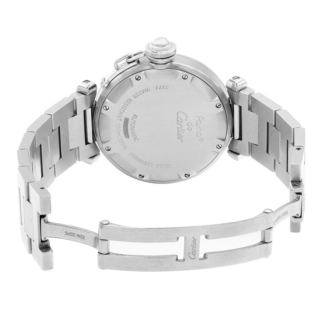 Back View Of Screwback Back Case And Open Stainless Steel Band Of Cartier W31029M7 Watch Pre Owned Condition