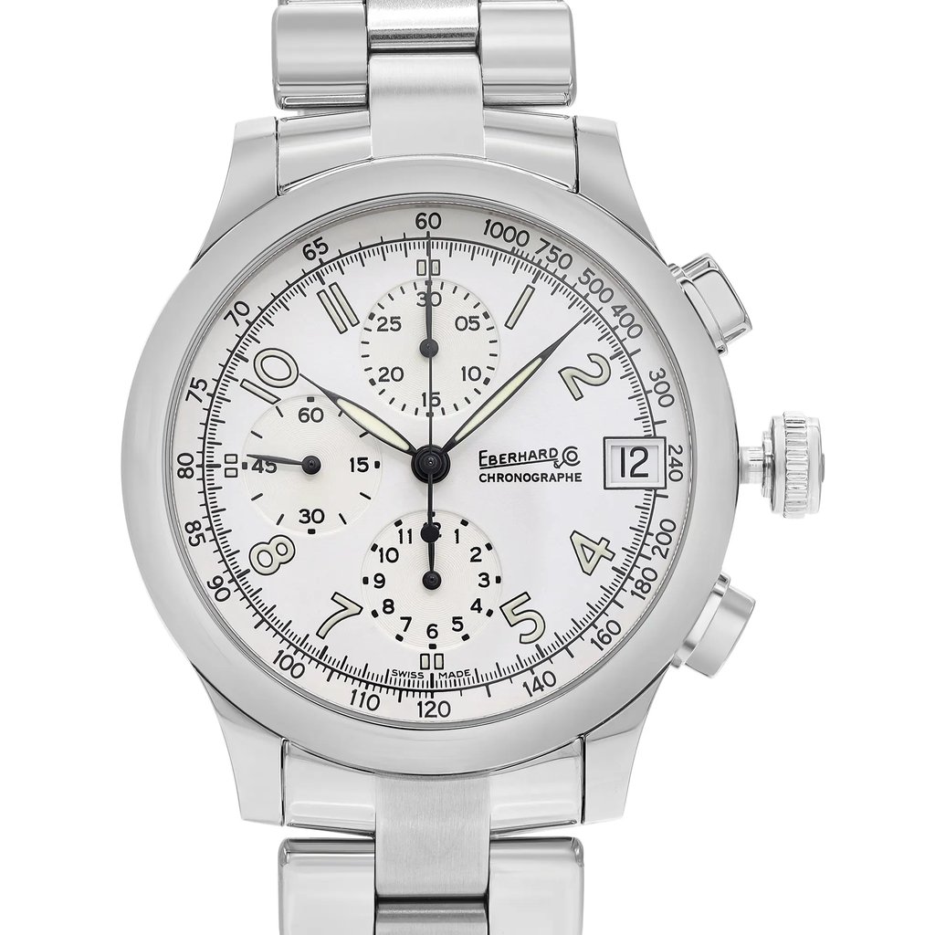 Up Close Front Facing Picture Of Eberhard  31051.1 Stainless Steel Watch Unworn Condition