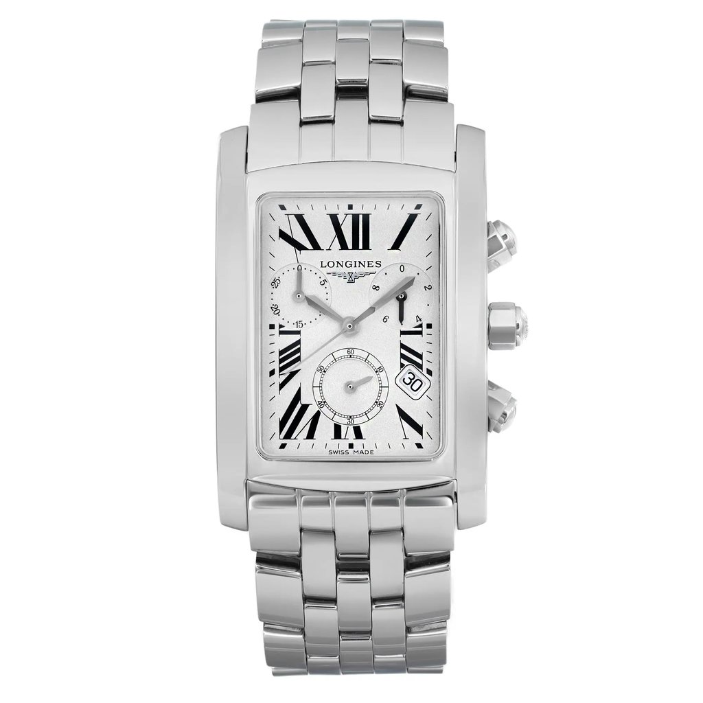 An image of a pre-owned wristwatch, captured from a front full frontal view. The watch features a rectangular silver case and a matching metal bracelet. The dial displays Roman numerals and includes three sub-dials, with a date window positioned at the 4 o'clock mark. The watch is photographed against a plain white background, emphasizing its detailed design and polished finish.