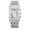 An image of a pre-owned wristwatch, captured from a front full frontal view. The watch features a rectangular silver case and a matching metal bracelet. The dial displays Roman numerals and includes three sub-dials, with a date window positioned at the 4 o'clock mark. The watch is photographed against a plain white background, emphasizing its detailed design and polished finish.