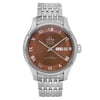 An image of a pre-owned OMEGA De Ville men's wristwatch in excellent condition, presented in a full frontal view. The watch features a round stainless steel case and band, with a sunburst brown dial and gray bezel. Roman numerals indicate the 12-hour dial, and there is a day/date feature displaying "SEP 31". The watch is positioned centrally and photographed head-on, capturing the entire watch at a close distance to show detail.