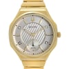 An image of a new Bulova women's dress/formal wristwatch, featuring a round stainless steel case and a gold-tone bezel. The watch is presented in a front close-up shot, with the watch face occupying most of the frame, providing a clear view of the silver dial, luminous hands, and non-numeric hour marks. The brand name "BULOVA" is visible on the dial, along with decorative gem indices and a small sub-dial marked "262 kHz." The stainless steel band material is partly visible, connecting to the top of the watch case at a straight angle from the perspective of the image.