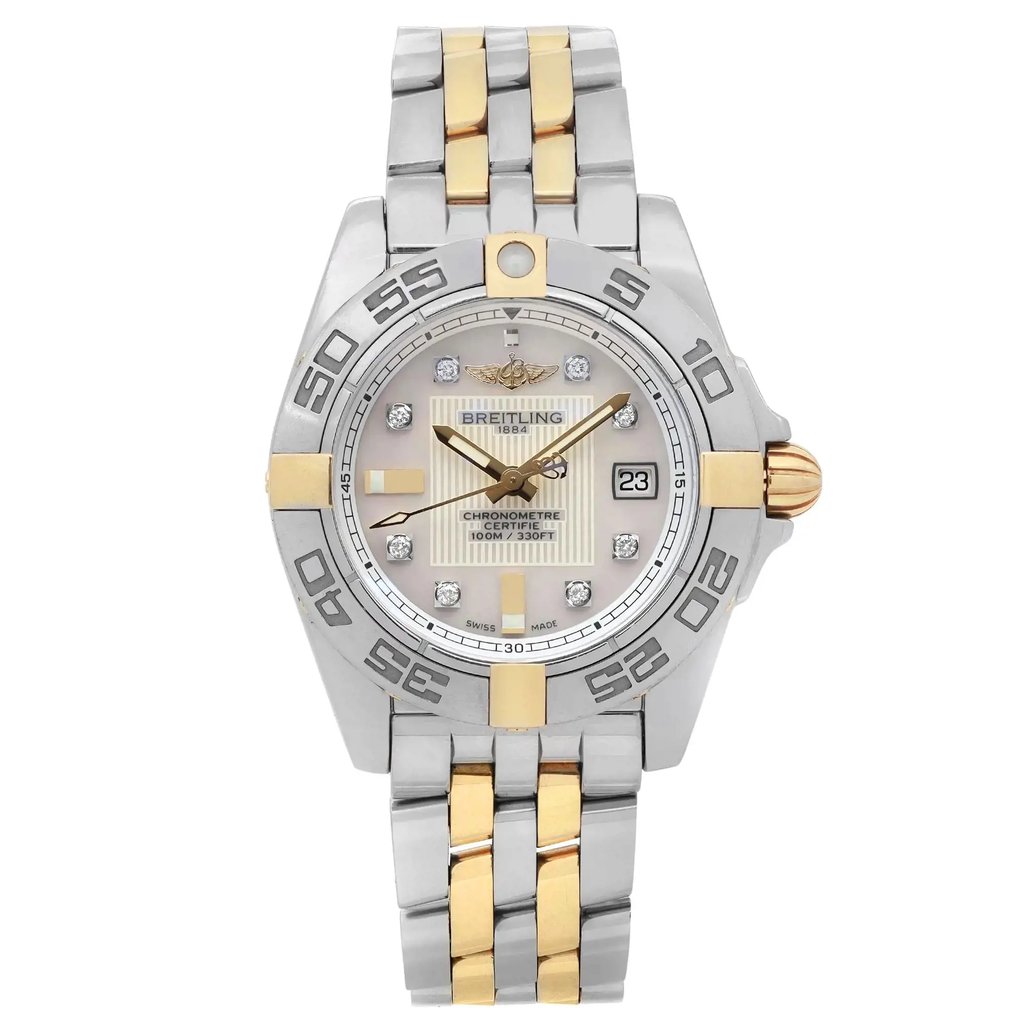 An image of a pre-owned Breitling wristwatch for women, presenting a luxury style with a full frontal view. The watch features a round shape with a white mother of pearl dial, diamond markers, and stick indexes. The bezel is steel-colored, and the band is made of stainless steel and yellow gold. The condition of the watch is classified as good. The photo is taken from a front angle, displaying the watch in its entirety at a close distance, allowing clear visibility of the details and branding. The watch is pre-owned and may show minor signs of wear.