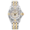 An image of a pre-owned Breitling wristwatch for women, presenting a luxury style with a full frontal view. The watch features a round shape with a white mother of pearl dial, diamond markers, and stick indexes. The bezel is steel-colored, and the band is made of stainless steel and yellow gold. The condition of the watch is classified as good. The photo is taken from a front angle, displaying the watch in its entirety at a close distance, allowing clear visibility of the details and branding. The watch is pre-owned and may show minor signs of wear.