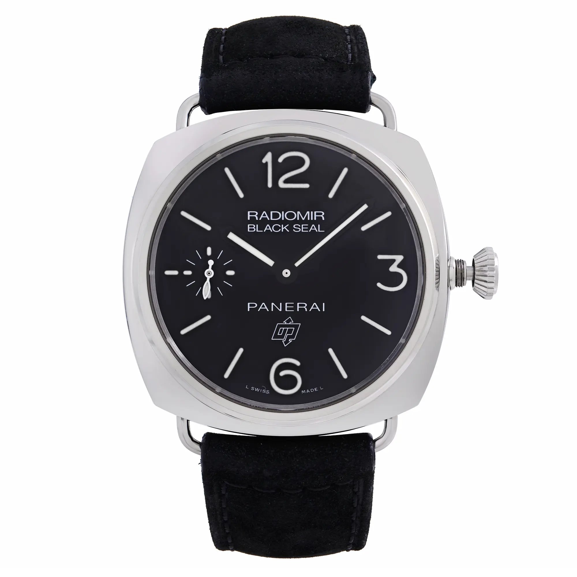 An image of a pre-owned Officine Panerai men's wristwatch in excellent condition, presented in a full frontal view. The watch features a cushion-shaped stainless steel case with a black dial, luminous hands, and a small seconds subdial at the 9 o'clock position. It has Arabic numerals at 6, 9, and 12 o'clock, with non-numeric hour marks for the other positions. The strap is made of black leather, and the watch has a dress/formal, luxury style. Visible on the dial is the text "RADIOMIR BLACK SEAL" and "PANERAI." The image is taken from a medium distance, allowing a clear and detailed view of the watch face and top portion of the band.