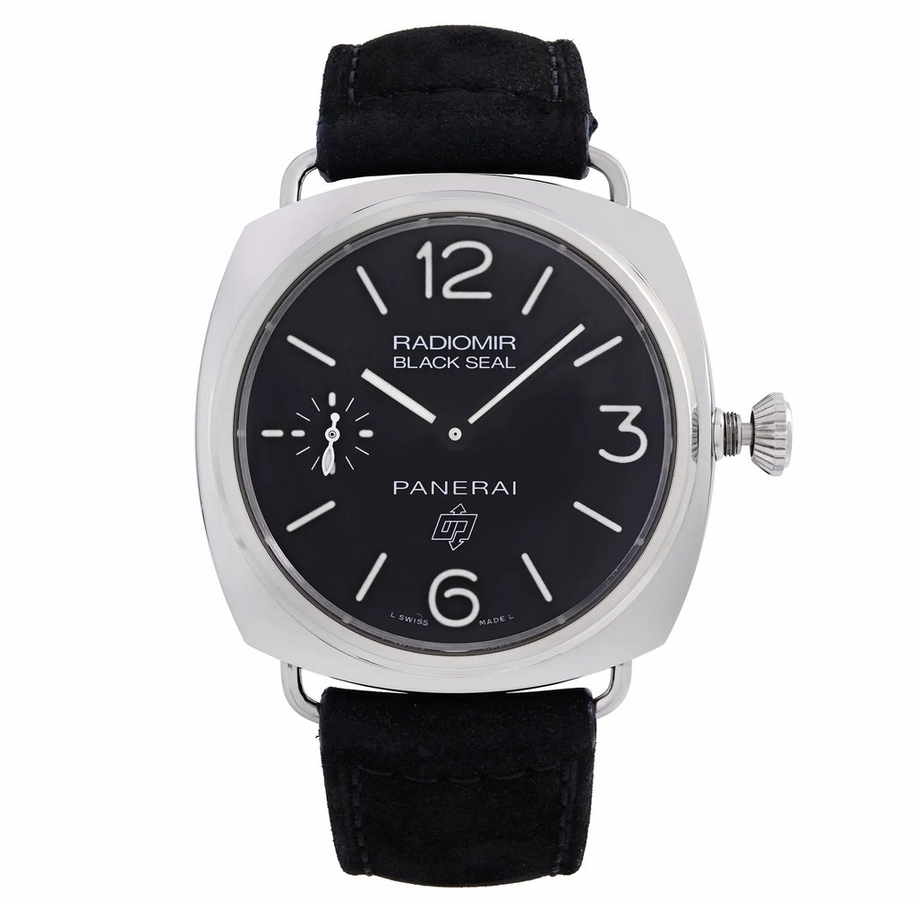 An image of a pre-owned Officine Panerai men's wristwatch in excellent condition, presented in a full frontal view. The watch features a cushion-shaped stainless steel case with a black dial, luminous hands, and a small seconds subdial at the 9 o'clock position. It has Arabic numerals at 6, 9, and 12 o'clock, with non-numeric hour marks for the other positions. The strap is made of black leather, and the watch has a dress/formal, luxury style. Visible on the dial is the text "RADIOMIR BLACK SEAL" and "PANERAI." The image is taken from a medium distance, allowing a clear and detailed view of the watch face and top portion of the band.
