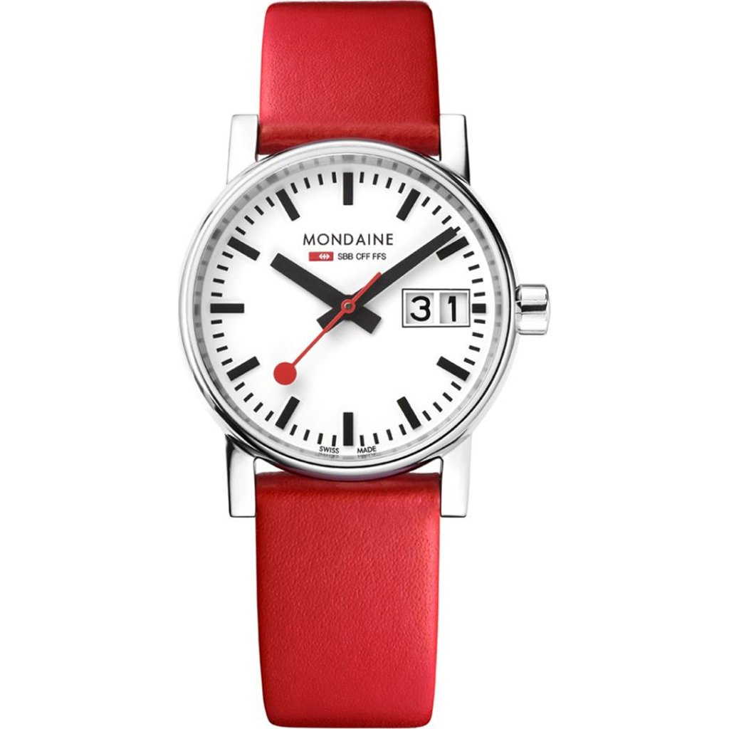 An image of a Wristwatch by Mondaine. This Display Model item is designed for Women, featuring a Casual style. It has a Quartz movement and an Analog display with a White dial color. The indices include 12-Hour Dial,No Hour Marks,Non-Numeric Hour Marks. The band is made of Leather and the case is made of Stainless Steel. The watch has a Round shape with a case size of 30 mm and a case thickness of 9 mm.
