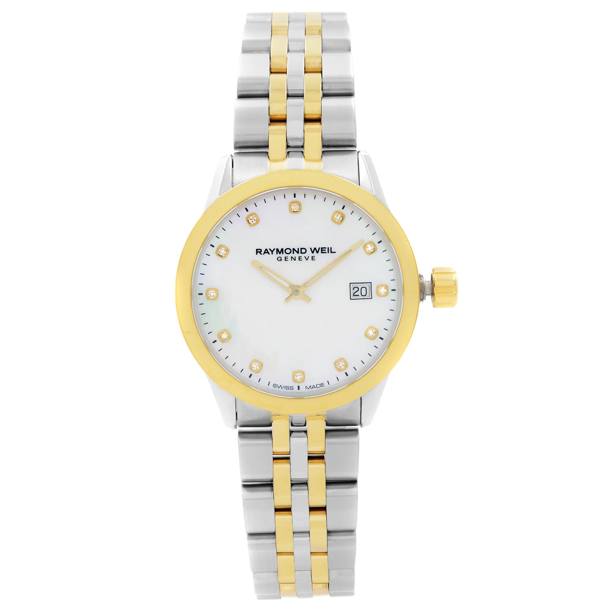 An image of a Wristwatch by RAYMOND WEIL. This Display Model item is designed for Women, featuring a Dress/Formal style. It has a Quartz movement and an Analog display with a White dial color. The indices include 12-Hour Dial,Diamond Markers,Non-Numeric Hour Marks. The band is made of Stainless Steel and the case is made of Stainless Steel. The watch has a Round shape with a case size of 29 mm and a case thickness of 8 mm.