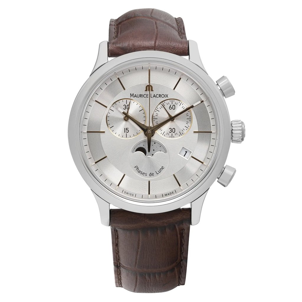 An image of a Wristwatch by Maurice Lacroix. This Display Model item is designed for Men, featuring a Dress/Formal style. It has a Quartz movement and an Analog display with a Silver dial color. The indices include 12-Hour Dial,Multi Dial,Stick Indexes. The band is made of Leather and the case is made of Stainless Steel. The watch has a Round shape with a case size of 40 mm and a case thickness of 10 mm.
