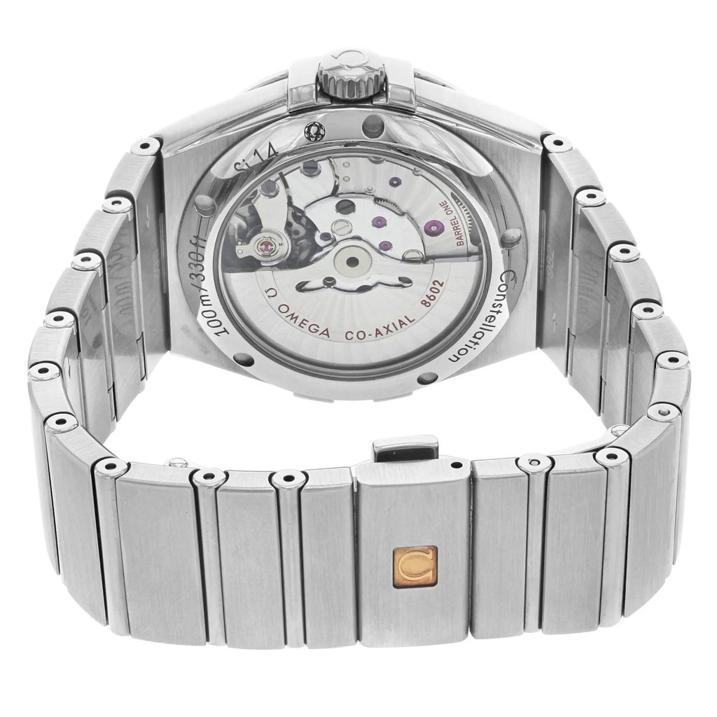 Back View Of Exhibition Back Case And Closed Stainless Steel Band Of OMEGA 123.10.38.22.01.001 Watch Pre Owned Condition