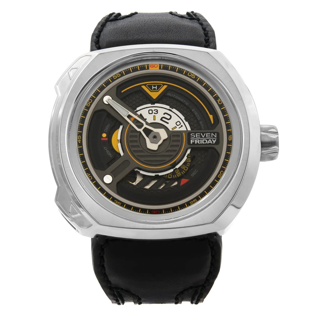 Up Close Front Facing Picture Of SEVENFRIDAY W1/01 Stainless Steel Watch Unworn Condition