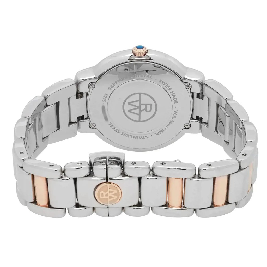 An image of a pre-owned RAYMOND WEIL women's wristwatch featuring a round stainless steel case and band with a solid caseback, viewed from the back at a close distance. The band displays a two-tone design with a butterfly clasp, showcasing the RAYMOND WEIL logo. The watch is positioned with the caseback centered and the band angled slightly to the left and right, revealing the clasp mechanism and the date indicator feature. The photograph is taken at an angle that shows the watch's thickness and the curvature of the links.Pre-owned and in good condition. The watch only has tiny scratches on the rose-gold links.

