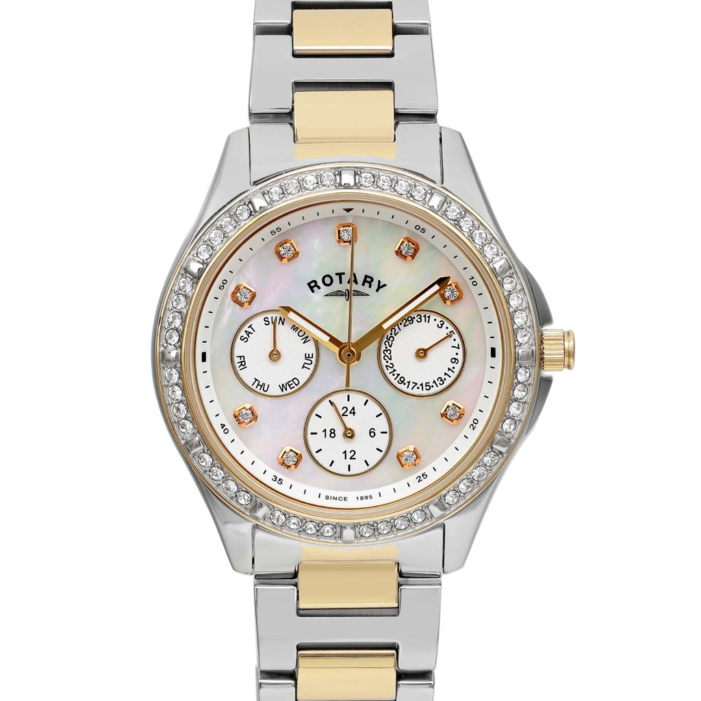 An image of a Wristwatch by Rotary. This Unworn item is designed for Women, featuring a Dress/Formal style. It has a Quartz movement and an Analog display with a White dial color. The indices include 12-Hour Dial,Diamond Markers,Multi Dial,Non-Numeric Hour Marks. The band is made of Stainless Steel and the case is made of Stainless Steel. The watch has a Round shape with a case size of 37 mm and a case thickness of 9 mm.