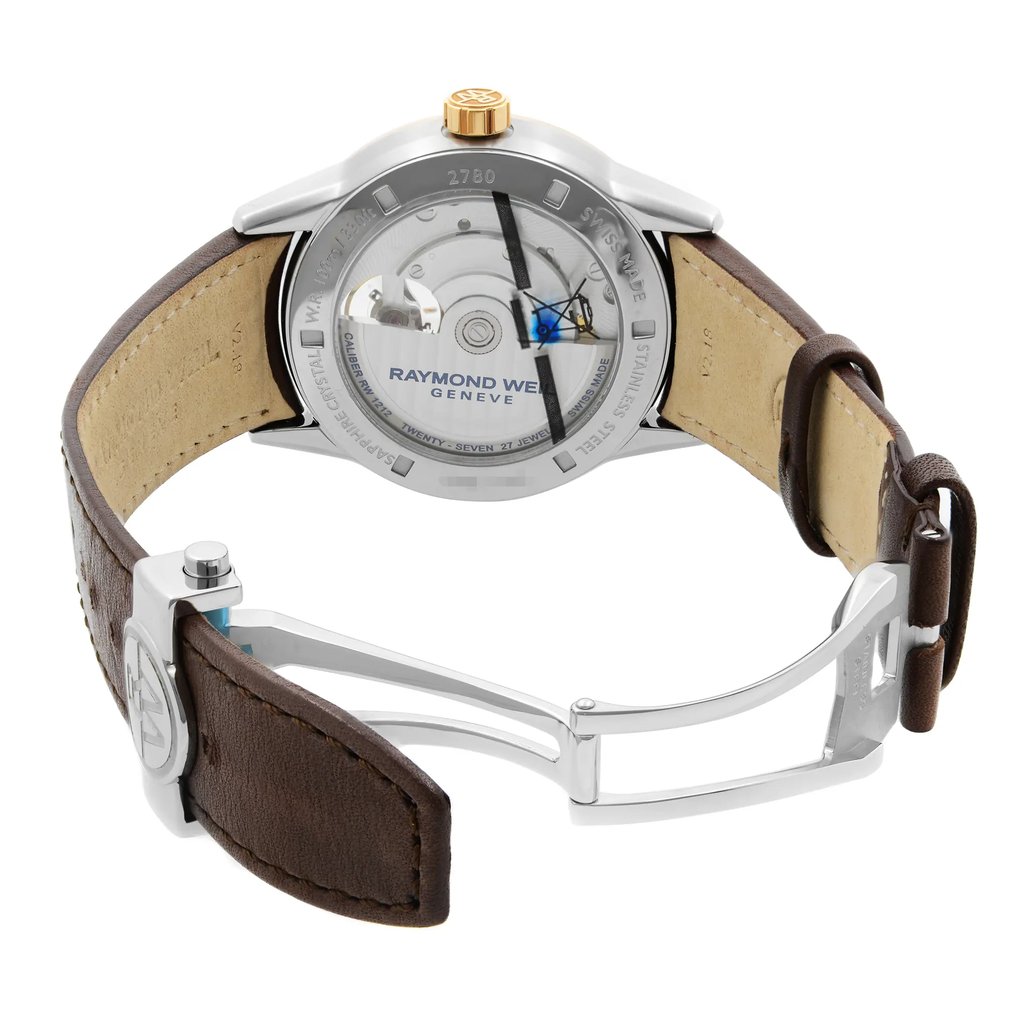 Back View Of Exhibition Back Case And Open Leather Band Of RAYMOND WEIL 2780-SC5-20001 Watch Unworn Condition