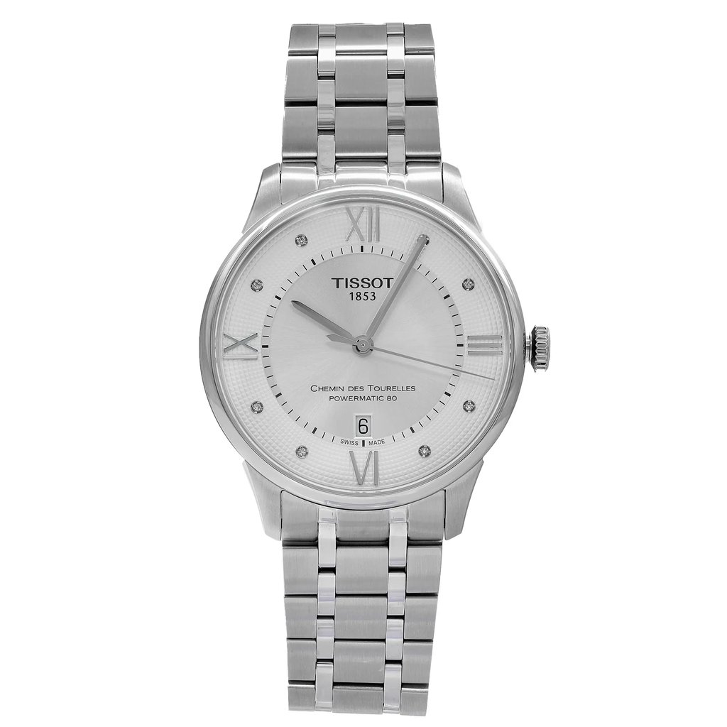 An image of a Wristwatch by Tissot. This Display Model item is designed for Men, featuring a Casual style. It has a Mechanical (Automatic) movement and an Analog display with a Silver dial color. The indices include 12-Hour Dial,Diamond Markers. The band is made of Stainless Steel and the case is made of Stainless Steel. The watch has a Round shape with a case size of 42 mm and a case thickness of 11 mm.