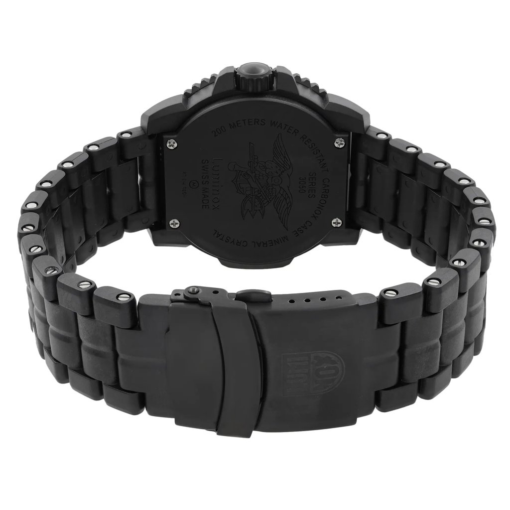 Back View Of Screwback Back Case And Closed Stainless Steel Band Of Luminox XS.3052.BO.L Watch New Without Tags Condition