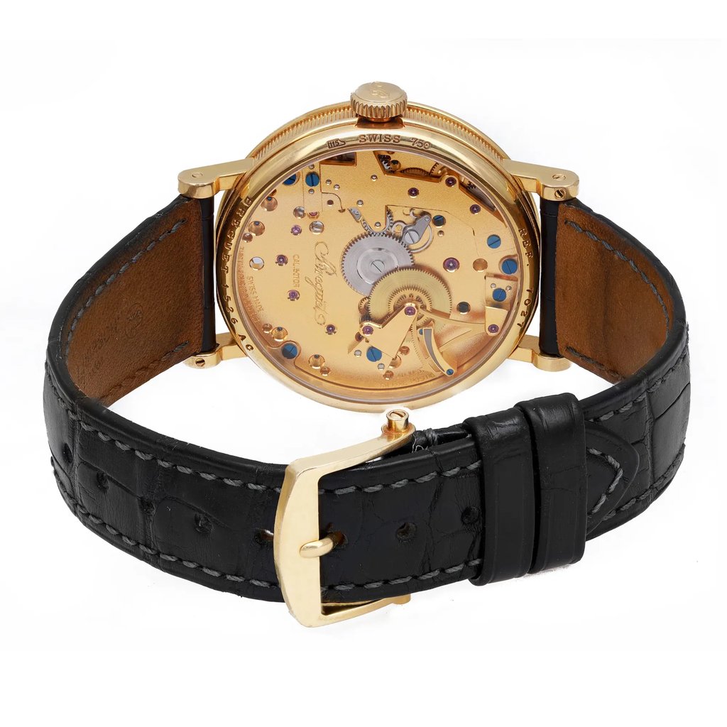 Back View Of Exhibition Back Case And Closed Leather Band Of Breguet 7027BA/11/9V6 Watch Pre Owned Condition